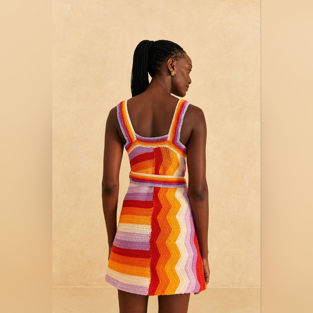 Anthropologie FARM Rio Orange And Pink Crochet Mini Dress With Belt - Picture 2 of 5